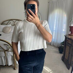 Vintage Made in USA White Thick Ribbed Knit Tee Cropped Oversized